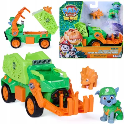 PSI PATROL DINO MOVIE ROCKY ŚMIECIARKA DINO RESCUE POJAZD 23 CM + FIGURKI