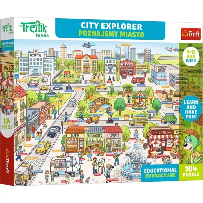 Trefl Puzzle Rodzina Treflików, Edukacyjne 104 el. Poznajemy miasto