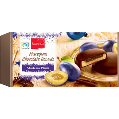 Favorina Marzipan Choc Rounds Plum Madeira 300g